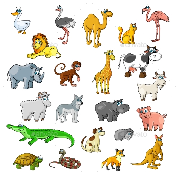 Zoo Animals with Birds and Pets Vector Cartoon Icons - Animals Characters