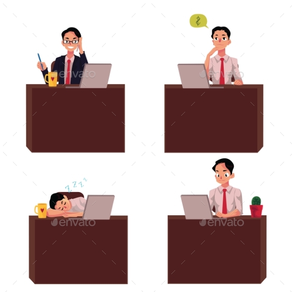 Young Businessman Sitting at Office Desk - People Characters