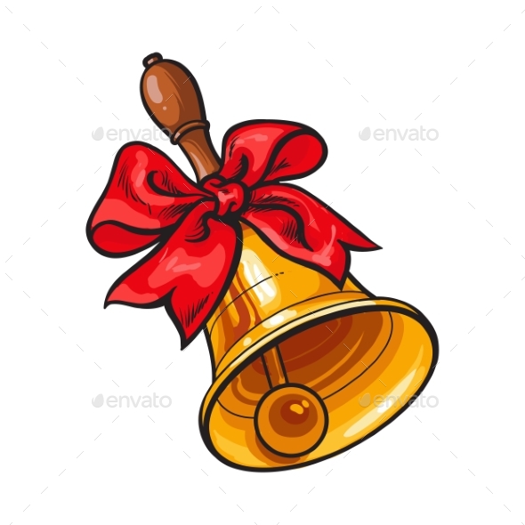 Traditional Golden School Bell with Red Ribbon Bow - Miscellaneous Vectors