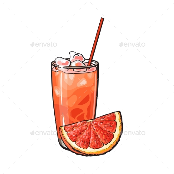 Grapefruit Quarter and Glass of Freshly Squeezed - Food Objects
