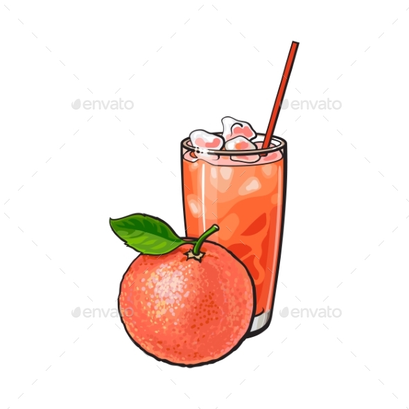 Whole Grapefruit and Glass of Freshly Squeezed - Food Objects