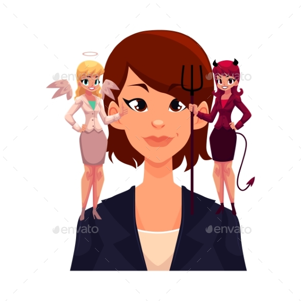 Business Woman with Angel and Devils Decision - People Characters