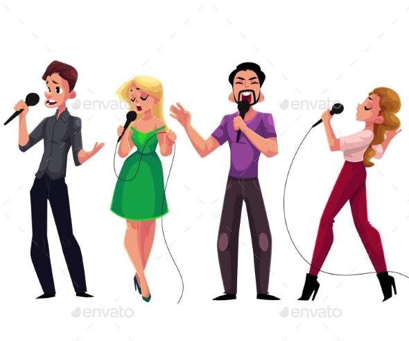 Men and Women Singing Karaoke - People Characters