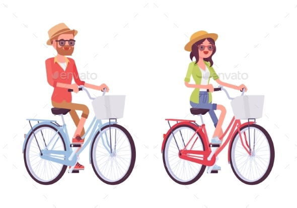 Young Man and Woman Riding Bikes - Sports/Activity Conceptual