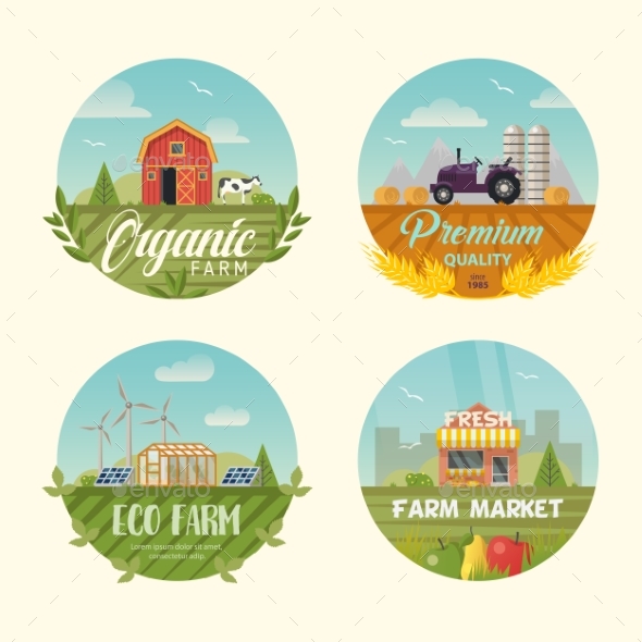 Set of Isolated Farming Logo or Banners with Barn - Animals Characters