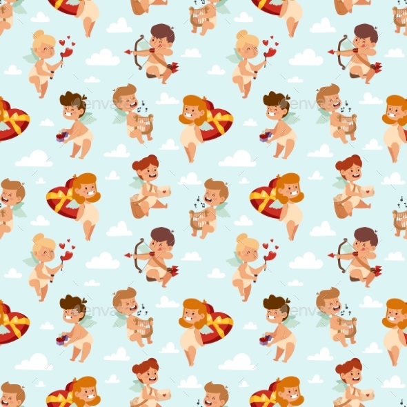 Valentine Day Cupid Angels Cartoon Style Vector - People Characters