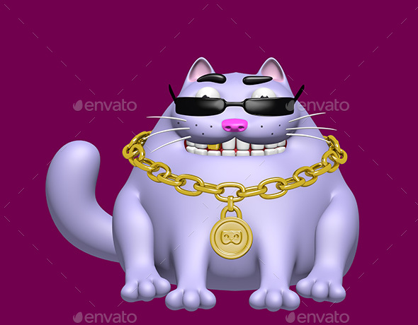 Fat Cat in Black Glasses and Gold Medallion - Characters 3D Renders