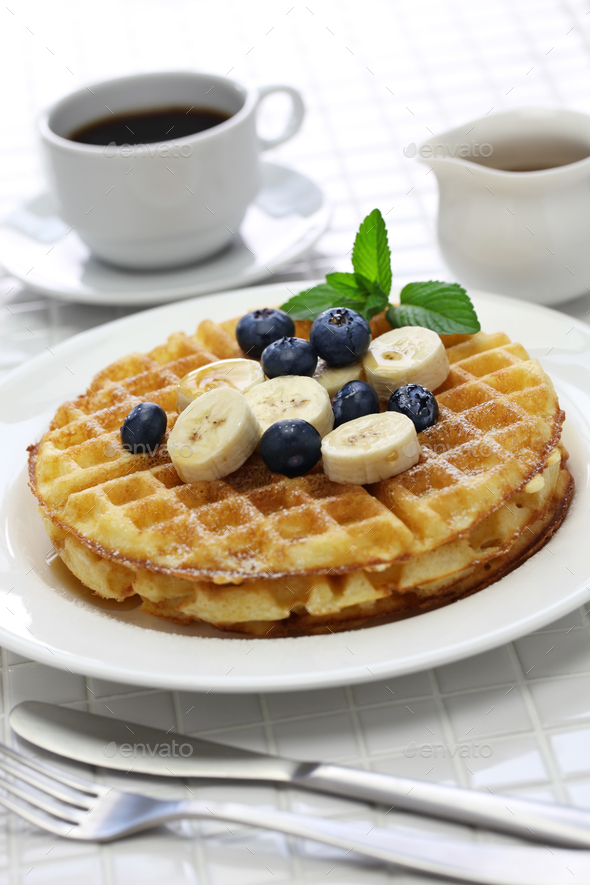 homemade american round waffles with blueberry and banana - Stock Photo - Images