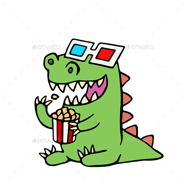 Cartoon Dragon in Stereo Glasses and a Box of Popcorn. - Characters Vectors