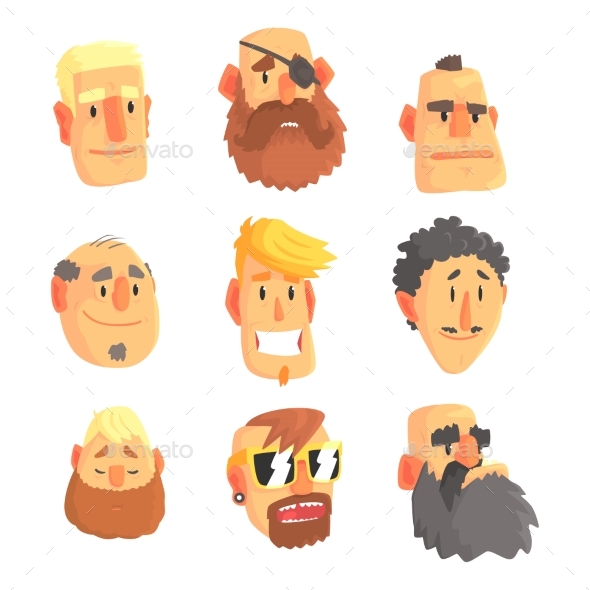 Cartoon Avatar Men Faces with Different Emotions - People Characters