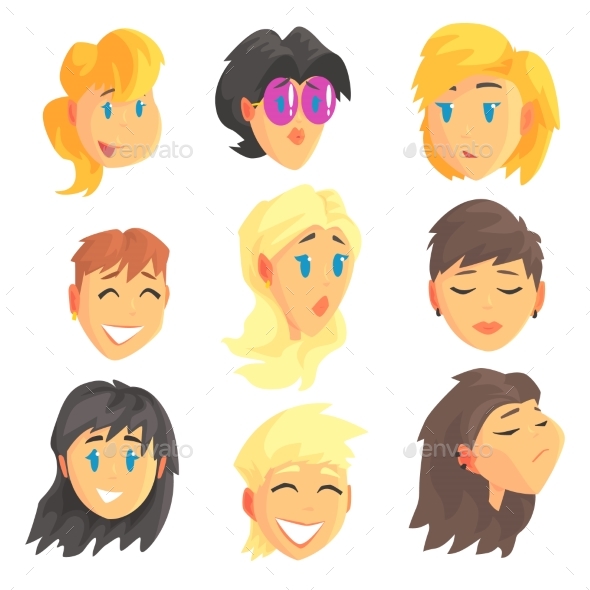 Cartoon Avatar Female Faces with Different - People Characters