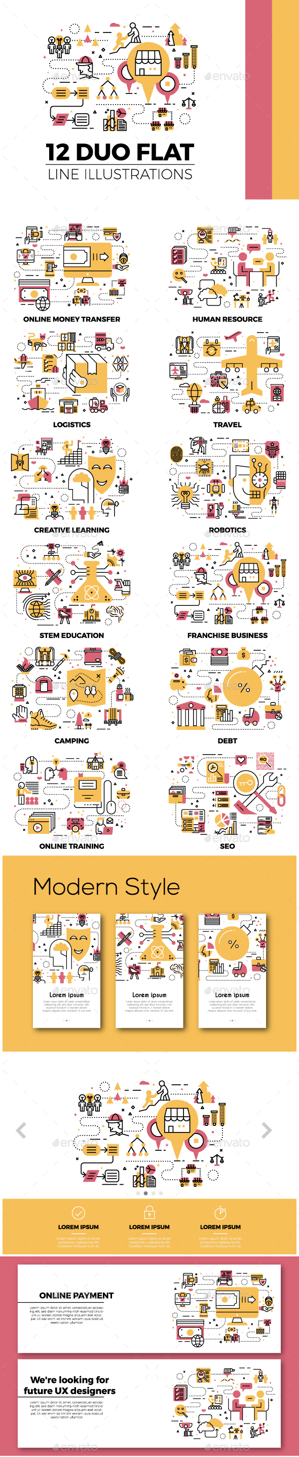 12 Flat Line Web Banner Illustration - Web Elements Vectors