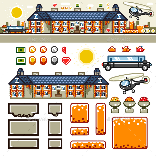 Luxury Mansion in Autumn Flat Game Level Kit - Seasons Nature