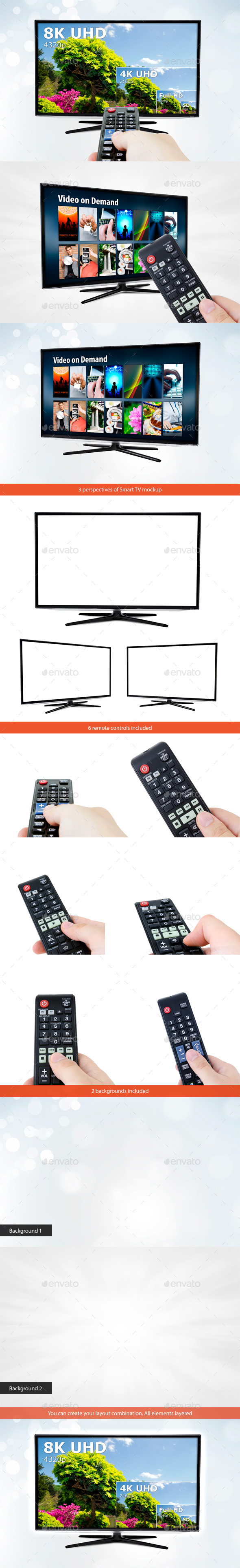 3 mockups of Smart TV with Remote Controls and Backgrounds - TV Displays