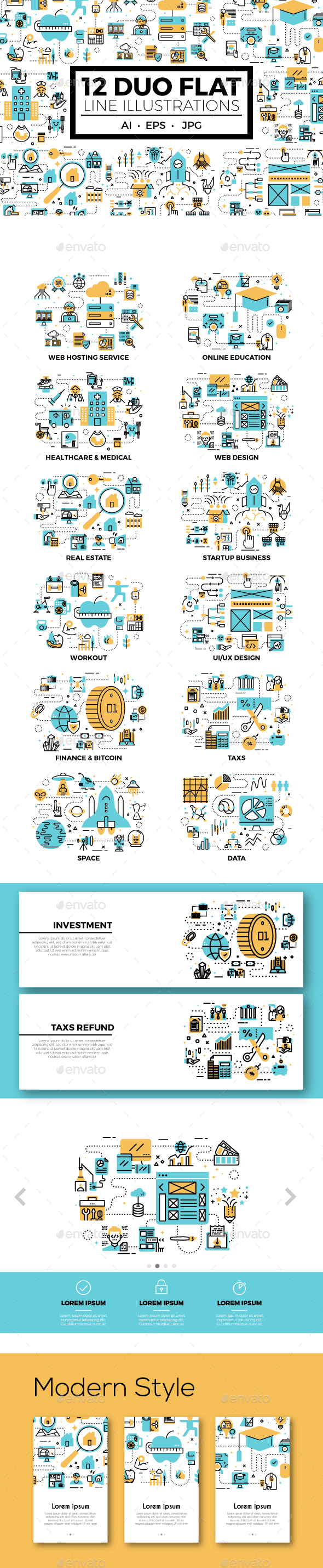 12 Duo Flat Line Web Banner Illustrations - Web Elements Vectors