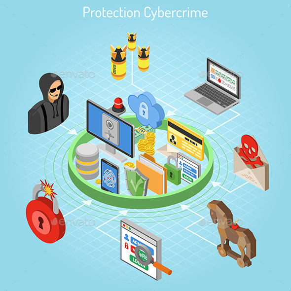 Cyber Crime Protection Isometric Concept - Computers Technology