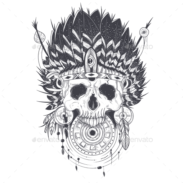 Human Skull in an Indian Feather Hat - Abstract Conceptual