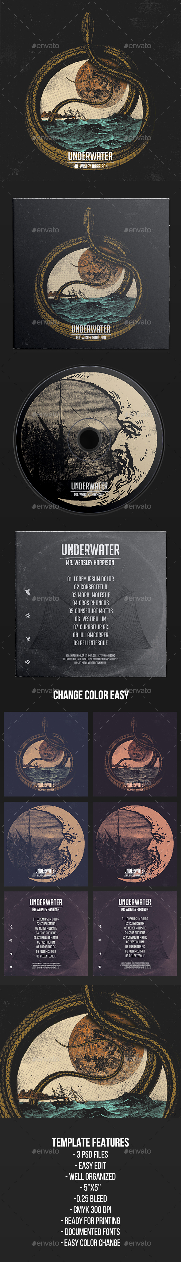 Underwater - CD Cover Artwork Template - CD & DVD Artwork Print Templates
