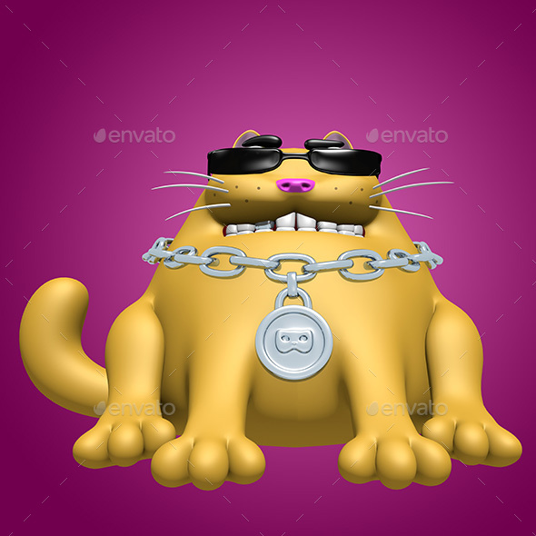 Cute Orange Fat Cat in Black Glasses and Silver Medallion - Characters 3D Renders