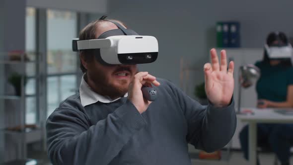 Funny Fat Guy in Augmented Reality Goggles Dance and Sing Karaoke at Workplace alt