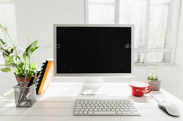 Stylish workspace with computer on home or studio - Stock Photo - Images