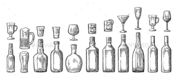 Glass and Bottled Alcohol Set - Food Objects