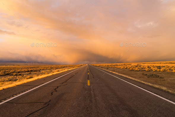 Orange Sunset Open Road Two Lane Highway Horizontal - Stock Photo - Images