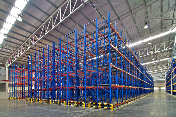 Distribution center warehouse storage shelving system Stock Photo by praethip