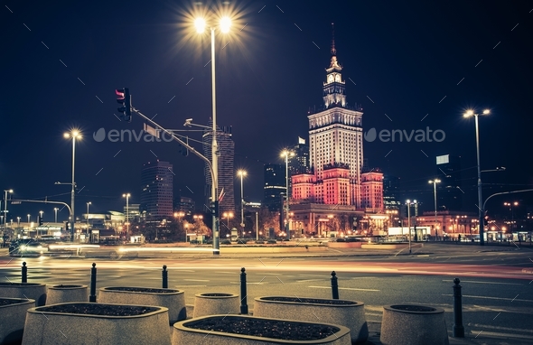 Downtown Warsaw at Night - Stock Photo - Images