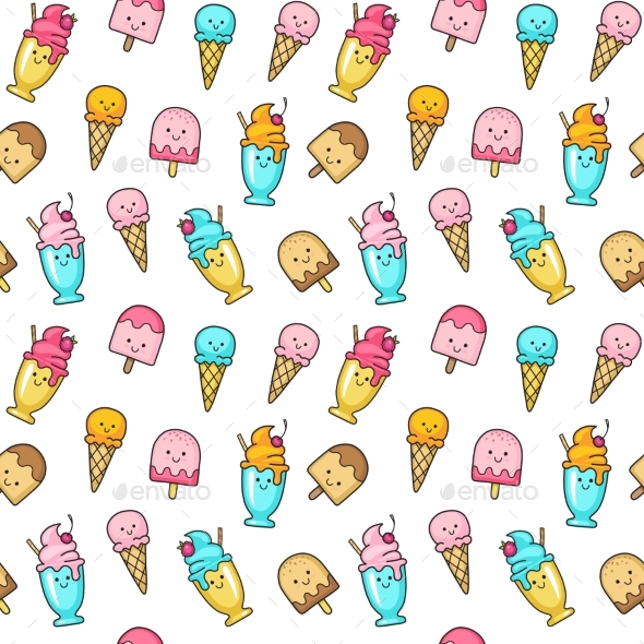 Vector Seamless Summer Pattern with Ice Cream - Food Objects