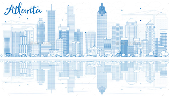 outline atlanta skyline with blue buildings and reflections by