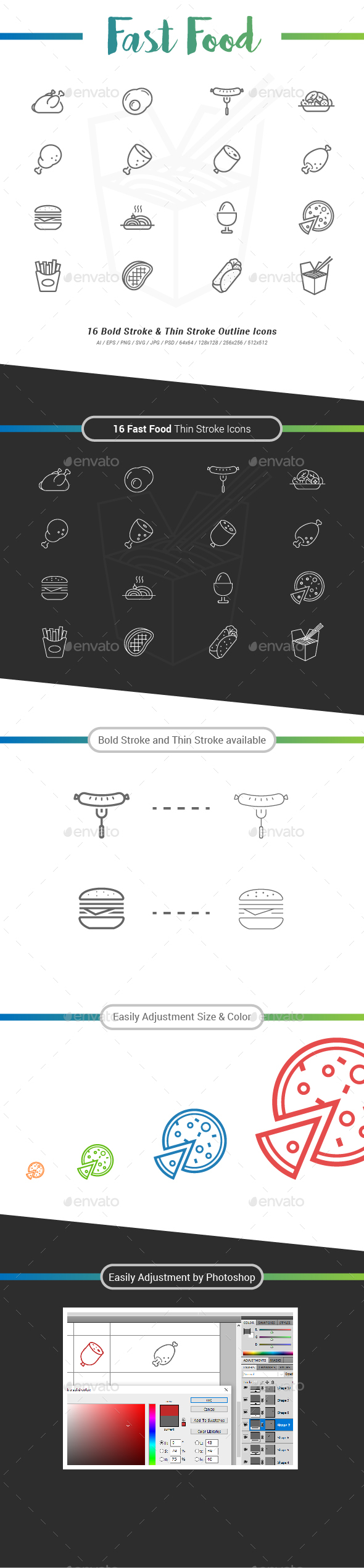 16 Fast Food Outline Stroke Icons - Food Objects