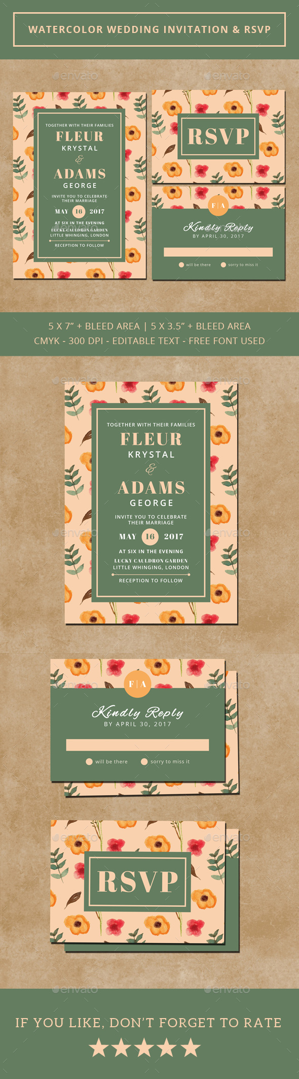 Watercolor Wedding Invitation & RSVP - Weddings Cards & Invites
