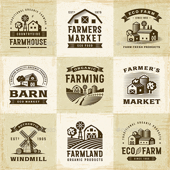 Vintage Organic Farming Labels Set - Decorative Symbols Decorative