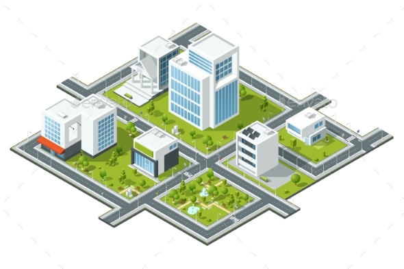 Isometric Illustration of Public Buildings - Buildings Objects