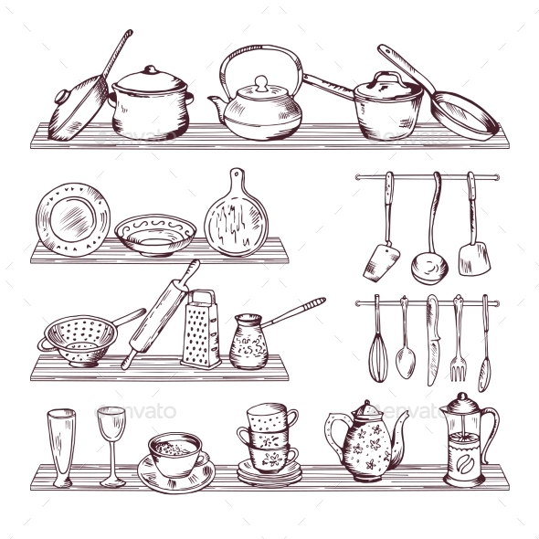 Kitchen Wooden Shelves with Different Tools - Man-made Objects Objects