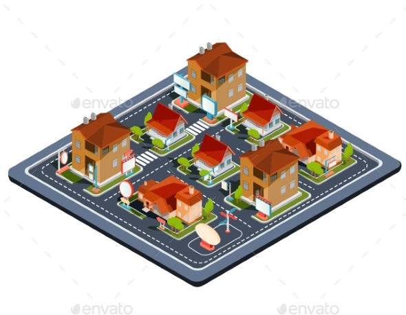 Vector Isometric Illustration Residential Quarter - Communications Technology