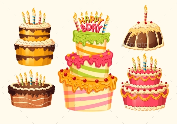 Collection of Vector Cartoon Birthday Cakes - Birthdays Seasons/Holidays