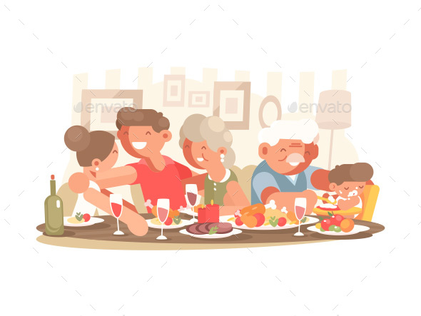 Happy Family at Dinner Table - People Characters