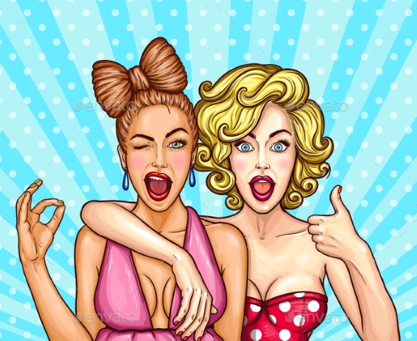 Vector Pop Art Illustration of Two Young Glamorous - People Characters
