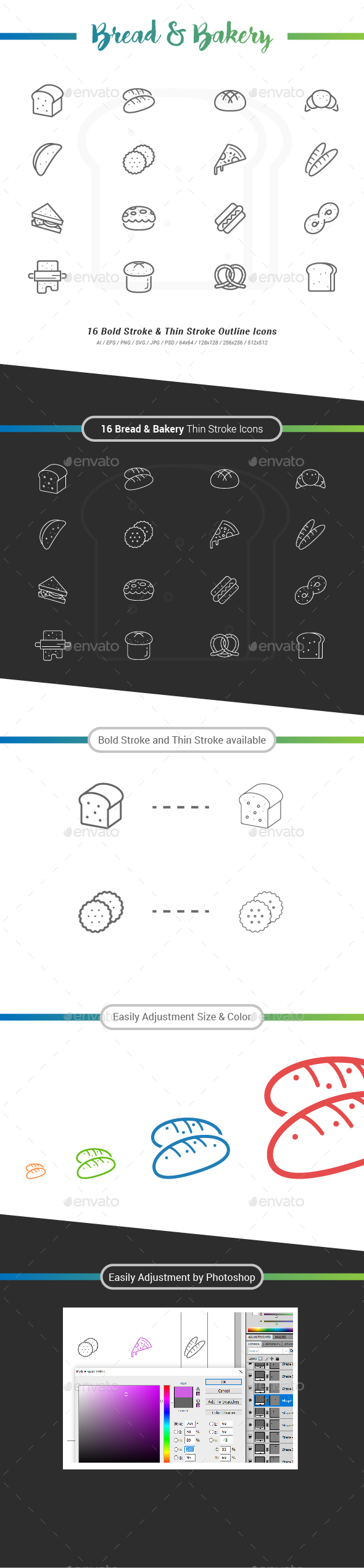 16 Bread & Bakery Outline Stroke Icons - Food Objects