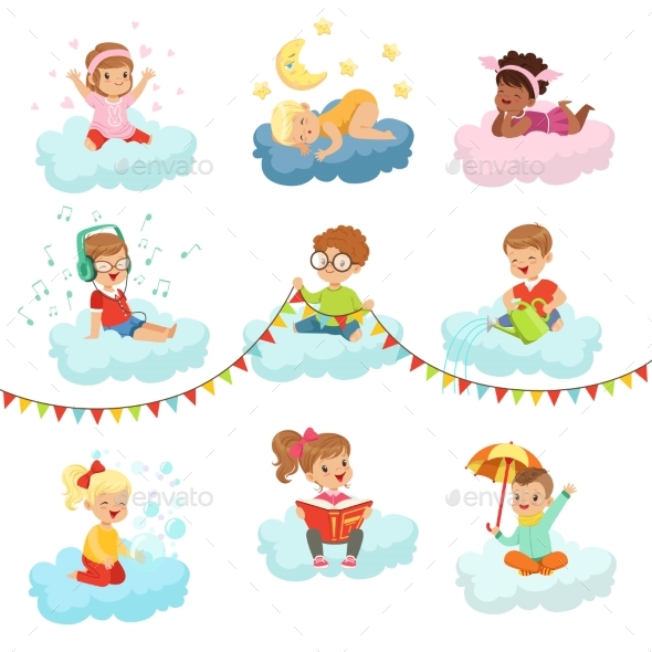 Lovely Little Boys and Girls Sitting on a Clouds - Seasons/Holidays Conceptual