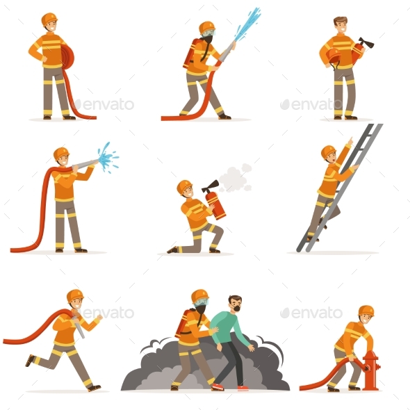 Firemen Characters Doing Their Job and Saving - Miscellaneous Vectors