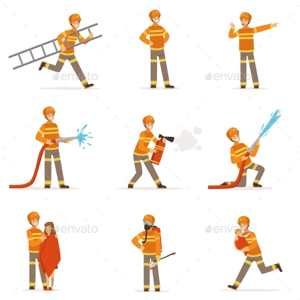 Firefighters in Orange Uniform Doing Their Job Set - Miscellaneous Vectors