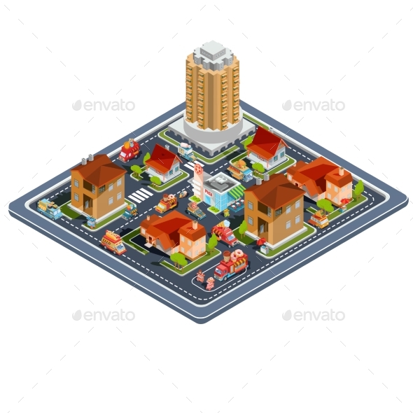 Vector Isometric Illustration Residential Quarter - Buildings Objects