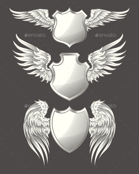 Angelic or Bird Wings with Heraldic Shield Set - Tattoos Vectors