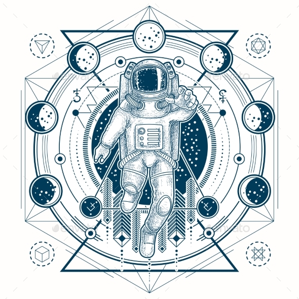 Vector Sketch of a Tattoo with Astronaut - Tattoos Vectors