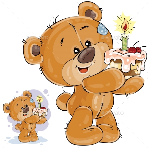 Brown Teddy Bear Holding Cake - Animals Characters