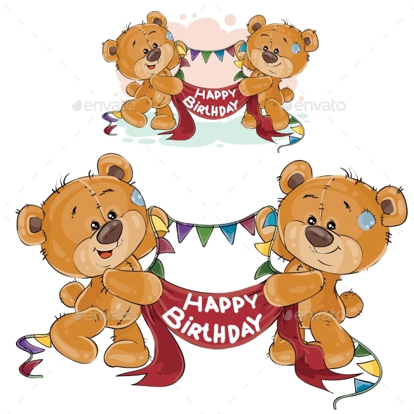Two Brown Teddy Bears Holding Banner - Birthdays Seasons/Holidays