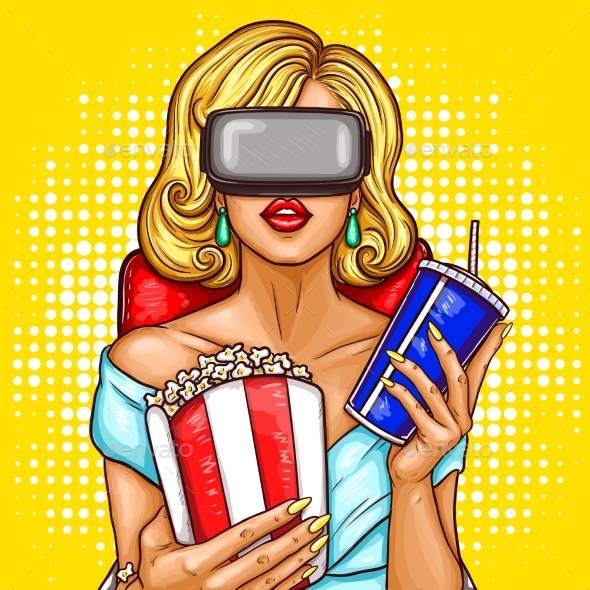 Pop Art Woman Watching Movie with Virtual Glasses - People Characters